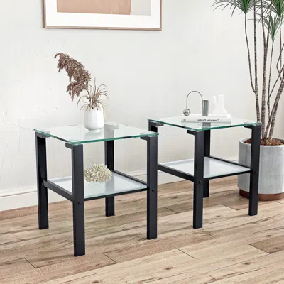 Hivvago 2pcs Two Layered Tempered Glass Small Bedroom Corner Home Tea Table - Transparent In Black