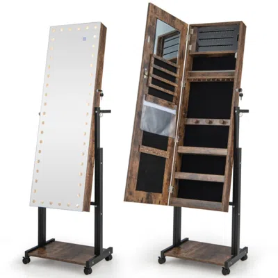 Hivvago 3-color 46 Led Lightsâ Mirror Jewelry Cabinet Armoire Adjustable Height With Wheels-brown