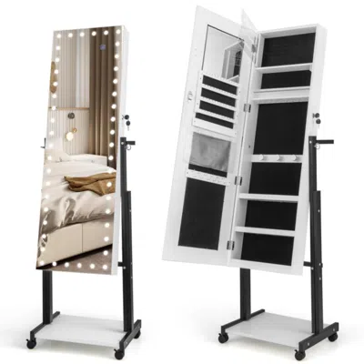 Hivvago 3-color 46 Led Lightsâ Mirror Jewelry Cabinet Armoire Adjustable Height With Wheels-white In Multi