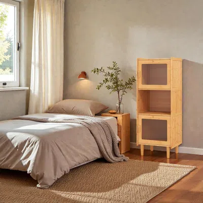 Hivvago 3-cube Bamboo Cabinet Featuring Open Compartment And Two Clear Acrylic Doors In Brown