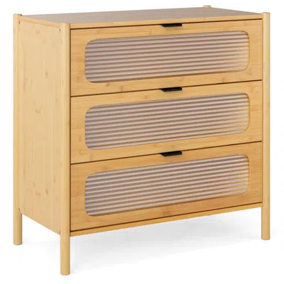 Hivvago 3 Drawer Mid Century Modern Chest Of Drawers With Reeded Tempered Glass Front-natural