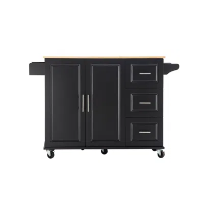 Hivvago 3 Drawers Rubber Wooden Top Utility Kitchen Cart With Adjustable Shelf- Black
