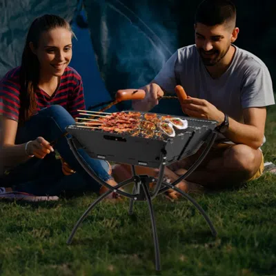 Hivvago 3-in-1 Camping Campfire Grill With Stainless Steel Grills Carrying Bag & Gloves-silver In Black