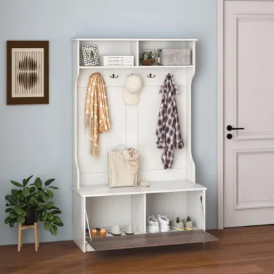 Hivvago 3 In 1 Coat Rack With Entryway Bench And Hooks And Enclosed Cabinet-white In Blue