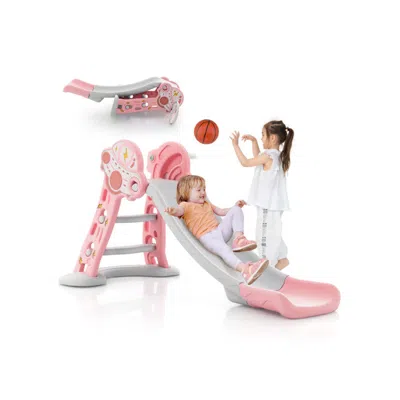 Hivvago 3-in-1 Folding Slide Playset With Basketball Hoop And Small Basketball-blue