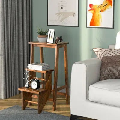 Hivvago 3-in-1 Rubber Wood 3 Tier Folding Step Stool Ladder Storage Shelf-coffee