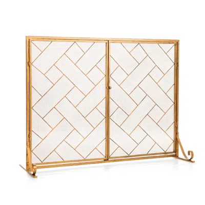 Hivvago 3-panel Folding Wrought Iron Fireplace Screen With Doors And 4 Pieces Tools Set-black