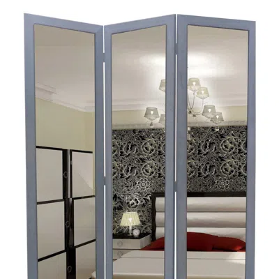 Hivvago 3 Panel Wooden Foldable Mirror Encasing Room Divider,light Gray And Silver In Blue