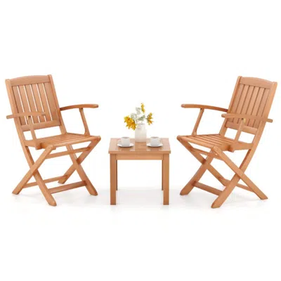 Hivvago 3 Pcs Eucalyptus Wood Patio Bistro Set With 2 Folding Arm Chairs In Brown