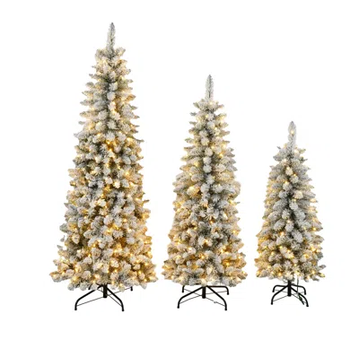 Hivvago 3 Pcs Flocked Artificial Christmas Tree Set With Lights, 4ft 5ft 6ft Christmas Snow Tree Set In Gold