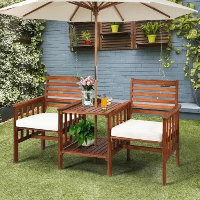 Hivvago 3 Pcs Outdoor Patio Table Chairs Set Acacia Wood Loveseat-red In Burgundy