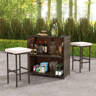 Hivvago 3 Pcs Patio Bar Set With Tempered Glass Tabletop-brown