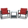 Hivvago 3 Pcs Wicker Rocking Bistro Set With Glass Coffee Table And Storage Shelf-red