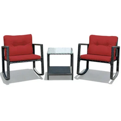 Hivvago 3 Pcs Wicker Rocking Bistro Set With Glass Coffee Table And Storage Shelf-red
