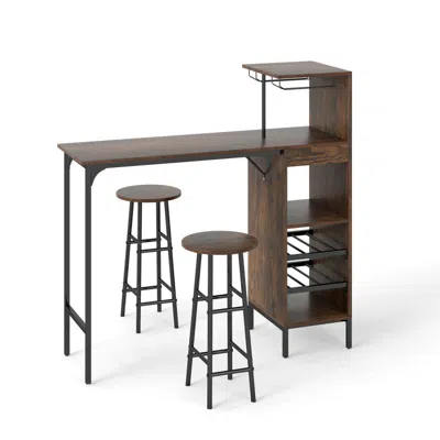 Hivvago 3 Piece Bar Table And Chairs Set With 6-bottle Wine Rack