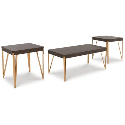 Hivvago 3 Piece Coffee And End Table Set, Steel Legs, Wood Grain Details, Brown