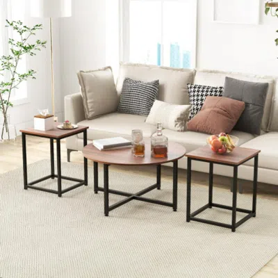 Hivvago 3-piece Coffee Table Set Round Coffee Table And 2pcs Square End Tables-walnut And Black In Pink