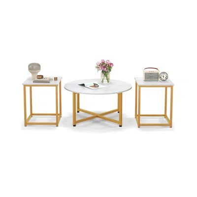 Hivvago 3-piece Coffee Table Set Round Coffee Table And 2pcs Square End Tables In White