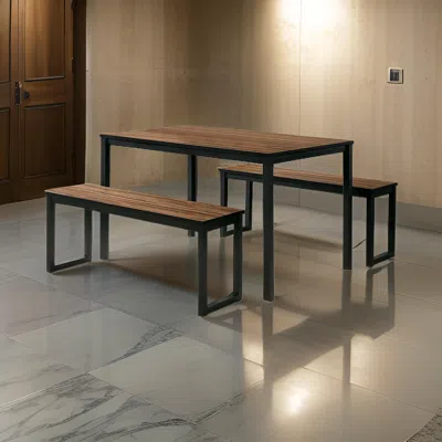 Hivvago 3 Piece Dining Table Set, 2 Benches, Brown Wood Grain Top, Black Metal