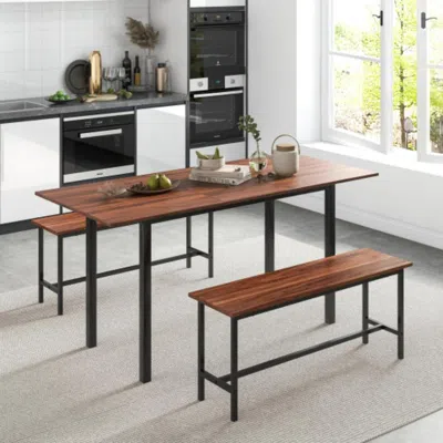 Hivvago 3 Piece Dining Table Set For 4-6 With 2 Benches-walnut