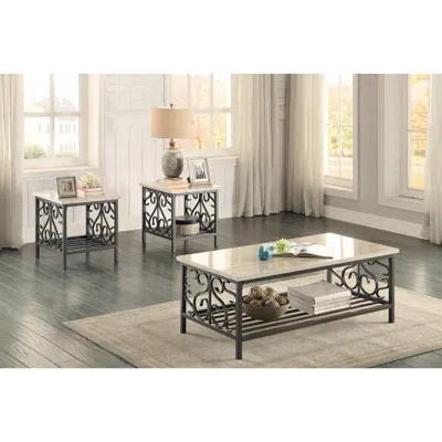 Hivvago 3 Piece Faux Marble Top Table Set With Decorative Metal Frame, Cream & Gray In Neutral