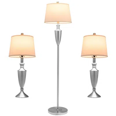 Hivvago 3 Piece Lamp With Set Modern Floor Lamp And 2 Table Lamps-silver In Gray
