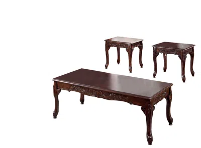 Hivvago 3 Piece Occasional Wooden Table Set With Engraved Details, Cherry Brown