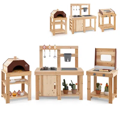 Hivvago 3-piece Outdoor Kitchen Set Mud Kitchen With Separate Bbq Grill And Pizza Oven-natural In Neutral