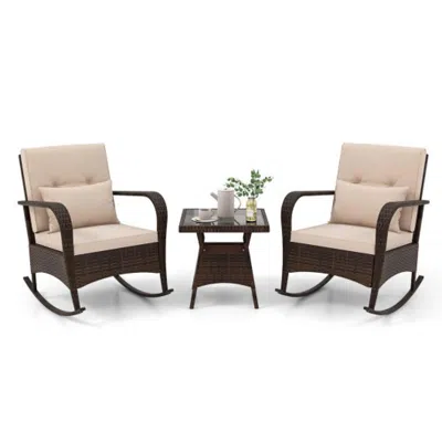 Hivvago 3 Piece Outdoor Rocking Set With Tempered Glass Coffee Table For Backyard Poolside-gray In Neutral