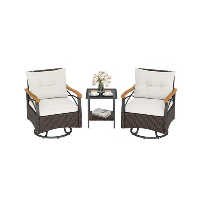 Hivvago 3 Piece Outdoor Swivel Chair Set With Tempered Glass Side Table In White