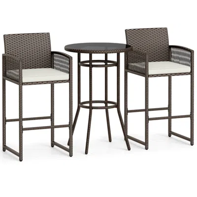 Hivvago 3 Piece Patio Bar Set Outdoor Wicker Bar Height Round Table And Armchairs In Brown