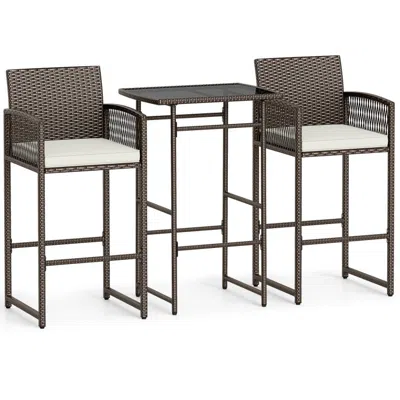 Hivvago 3 Piece Patio Bar Set Outdoor Wicker Bar Height Table And Armchairs With 2 Seat Cushions In Brown