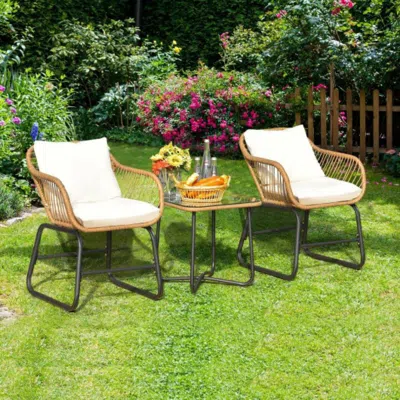 Hivvago 3-piece Patio Bistro Set With 2 Rattan Chairs And Square Glass Coffee Table-white In Blue