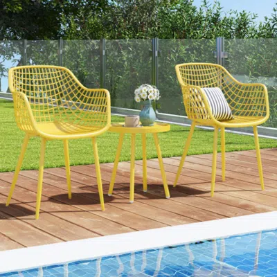 Hivvago 3 Piece Patio Chair Set With Pp Seat And Tabletop For Porch-yellow