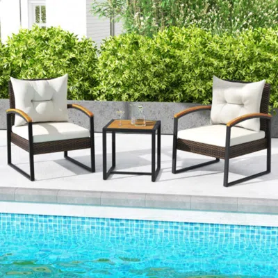 Hivvago 3 Piece Patio Conversation Set With Solid Acacia Wood Armrests And Tabletop-white