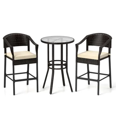 Hivvago 3-piece Patio Rattan Bar Set With Tempered Glass Top For Backyard Poolside In Black