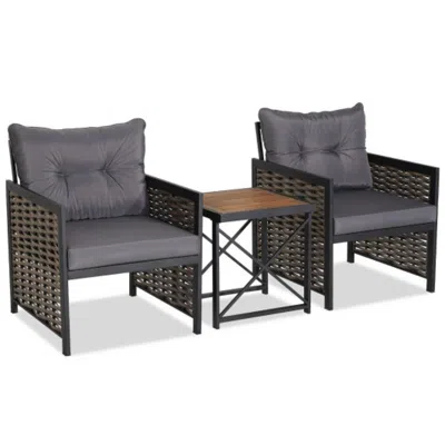 Hivvago 3 Piece Patio Rattan Furniture Set With Acacia Wood Tabletop In Black