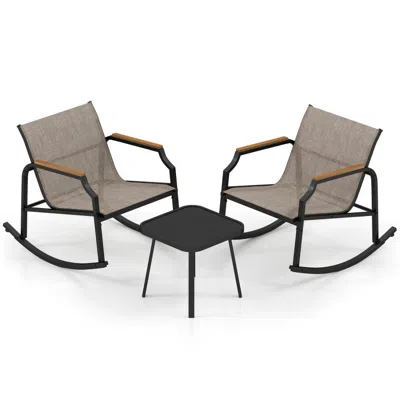 Hivvago 3 Piece Patio Rocking Bistro Set With Tempered Glass Coffee Table And Armrests For Porch-brown