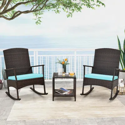 Hivvago 3 Piece Patio Rocking Set Wicker Rocking Chairs With 2-tier Coffee Table-off White In Brown