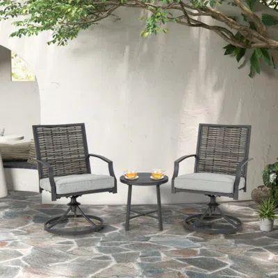 Hivvago 3 Piece Patio Swivel Chair Set With Soft Seat Cushions For Backyard In Gray