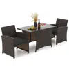 Hivvago 3 Piece Patio Wicker Dining Set With Rectangle Tempered Glass Dining Table-brown