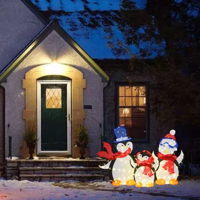 Hivvago 3-piece Pre-lit 2d Penguin Family Christmas Display With 160 Led Lights In Multi