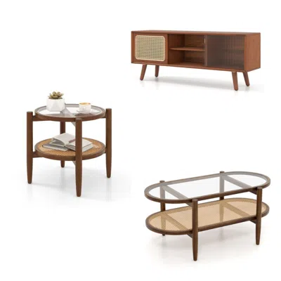 Hivvago 3 Piece Rattan And Wood Living Room Set With Side Table Coffee Table And Tv Stand In Multi
