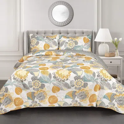 Hivvago 3 Piece Reversible Yellow Grey Floral Cotton Quilt Set In King Size In Gray