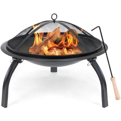 Hivvago 3 Piece Steel Fire Pit Bowl Set W/ Mesh Cover And Poker In Black