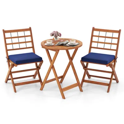 Hivvago 3 Pieces Acacia Wood Patio Bistro Set With Cushions-gray In Blue