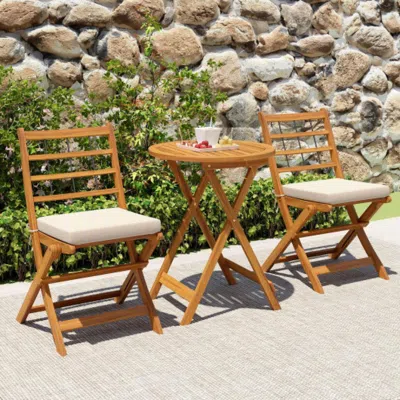 Hivvago 3 Pieces Acacia Wood Patio Bistro Set With Cushions-white In Brown