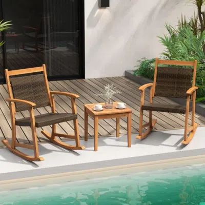Hivvago 3 Pieces Acacia Wood Patio Rocking Chair Set With Side Table In Brown