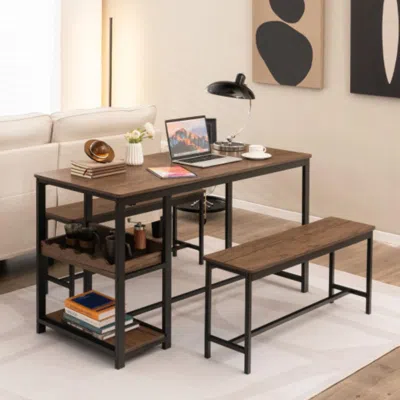 Hivvago 3 Pieces Dining Table Set For 4 With Wine Rack-brown