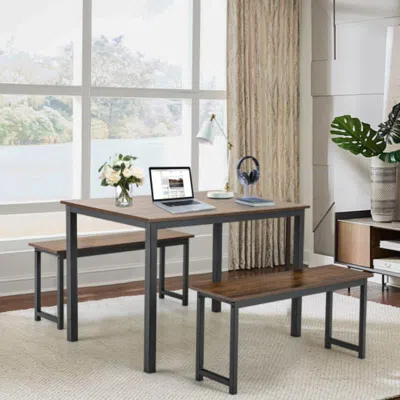 HIVVAGO 3 PIECES DINING TABLE SET WITH 2 BENCHES FOR DINING ROOM KITCHEN BAR-BROWN